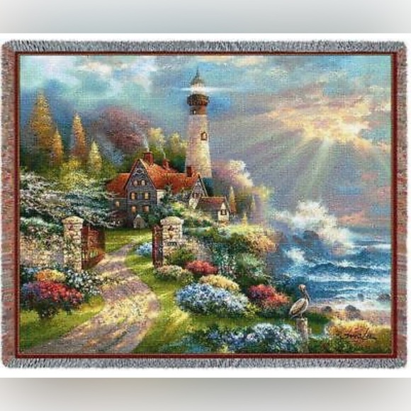 🏡NWOT:LIGHTHOUSE OCEAN FLORAL TAPESTRY THROW BLANKET - Picture 1 of 6